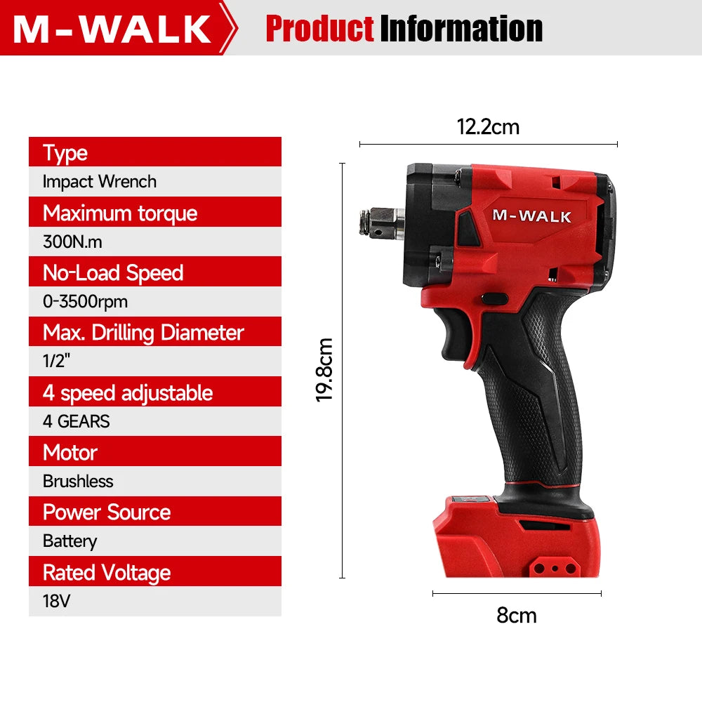 M-WALK 18V Brushless Cordless Impact Wrench – 300Nm, 1/2" Drive, 4-Speed, Milwaukee M18 Compatible (Tool Only)