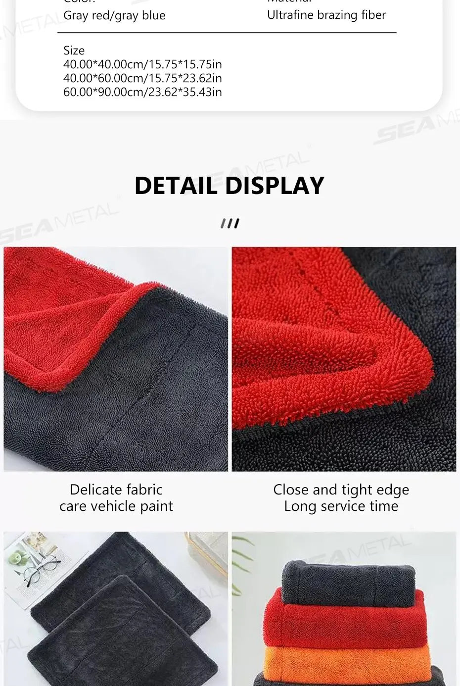 SEAMETAL 1200GSM Microfiber Car Detailing Towel | Ultra-Soft Scratch-Free | 3 Sizes | Gray, Red & Blue