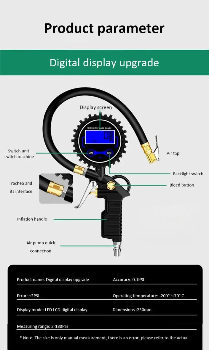Tire Pressure Gauge 220PSI – Car, Truck & Motorcycle Tyre Inflator with Flexible Hose