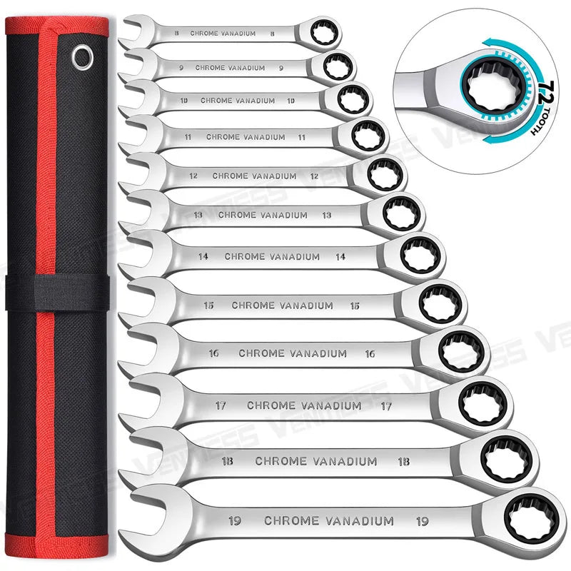 Venmess 12-Point Ratcheting Wrench Set – CR-V 72-Tooth 5° Swing Metric 8-22mm