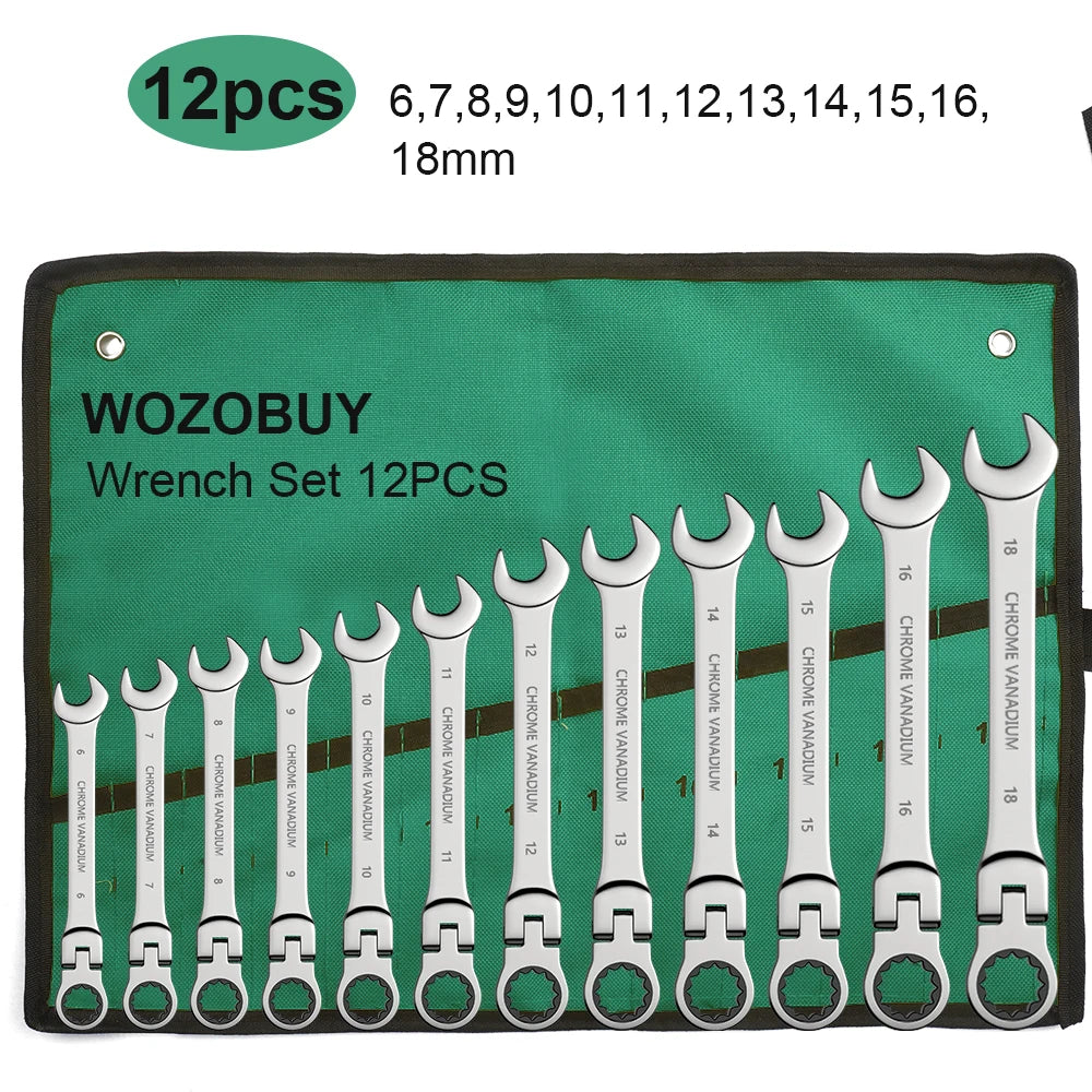WOZOBUY Flex-Head Ratchet Wrench Set – 6-22mm Chrome Vanadium 72-Tooth with Canvas Bag