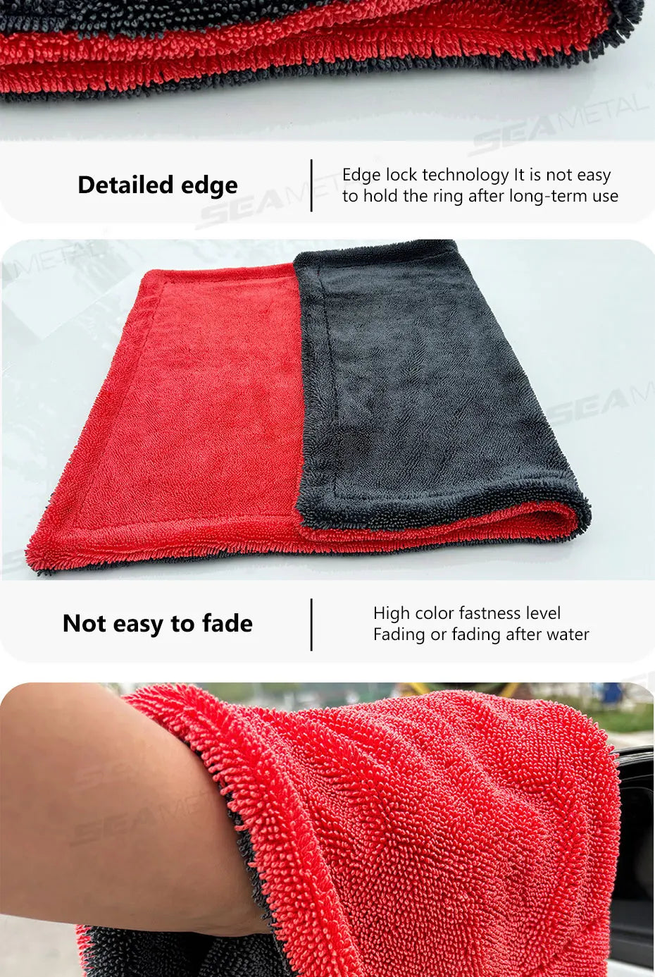 SEAMETAL 1200GSM Microfiber Car Detailing Towel | Ultra-Soft Scratch-Free | 3 Sizes | Gray, Red & Blue