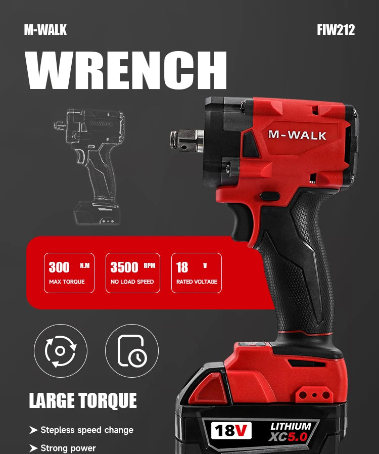 M-WALK 18V Brushless Cordless Impact Wrench – 300Nm, 1/2" Drive, 4-Speed, Milwaukee M18 Compatible (Tool Only)