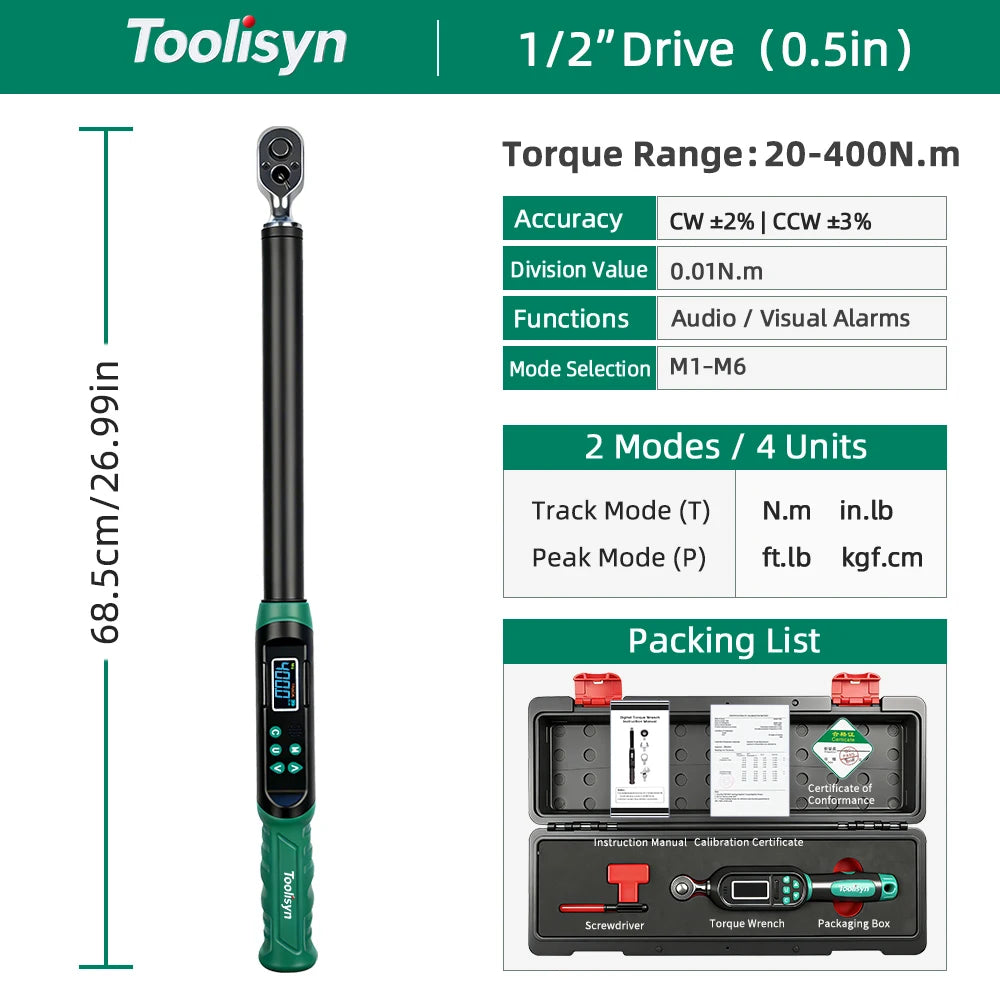 Toolisyn Digital Torque Wrench – 1/4", 3/8" & 1/2" Drive, ±2% Accuracy, 0.3–500N.m (DTW-1)