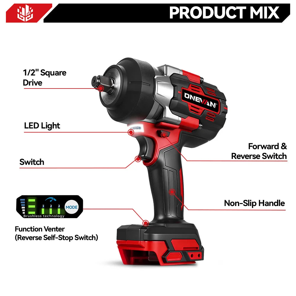 ONEVAN 2800Nm Brushless Impact Wrench | Tool Only | 18V/21V Compatible | 1/2" Drive | LED Light