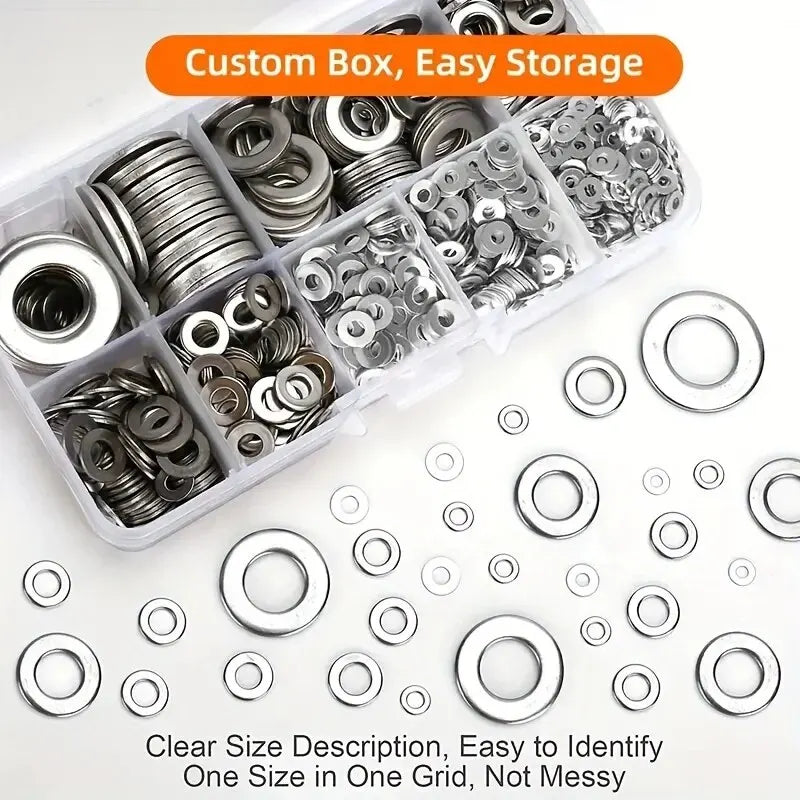 304 Stainless Steel Flat Washers Assortment Kit – 360pc or 580pc, Corrosion Resistant