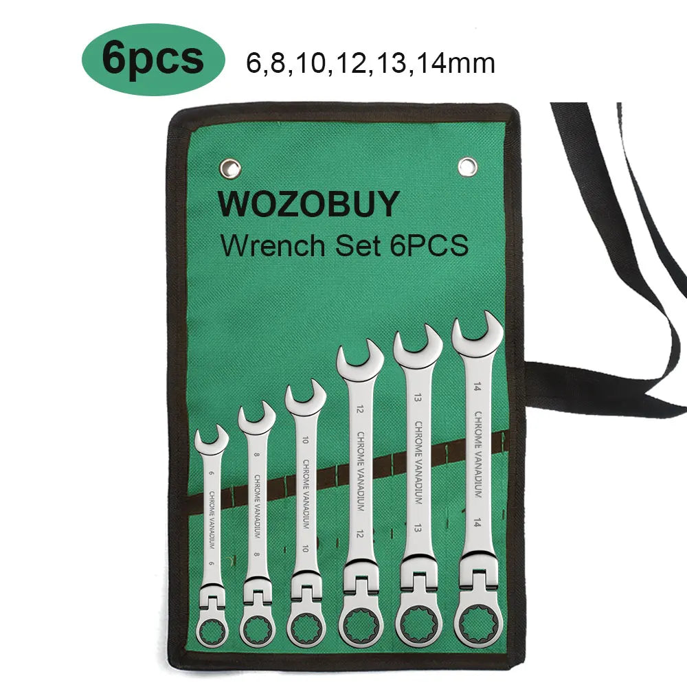 WOZOBUY Flex-Head Ratchet Wrench Set – 6-22mm Chrome Vanadium 72-Tooth with Canvas Bag