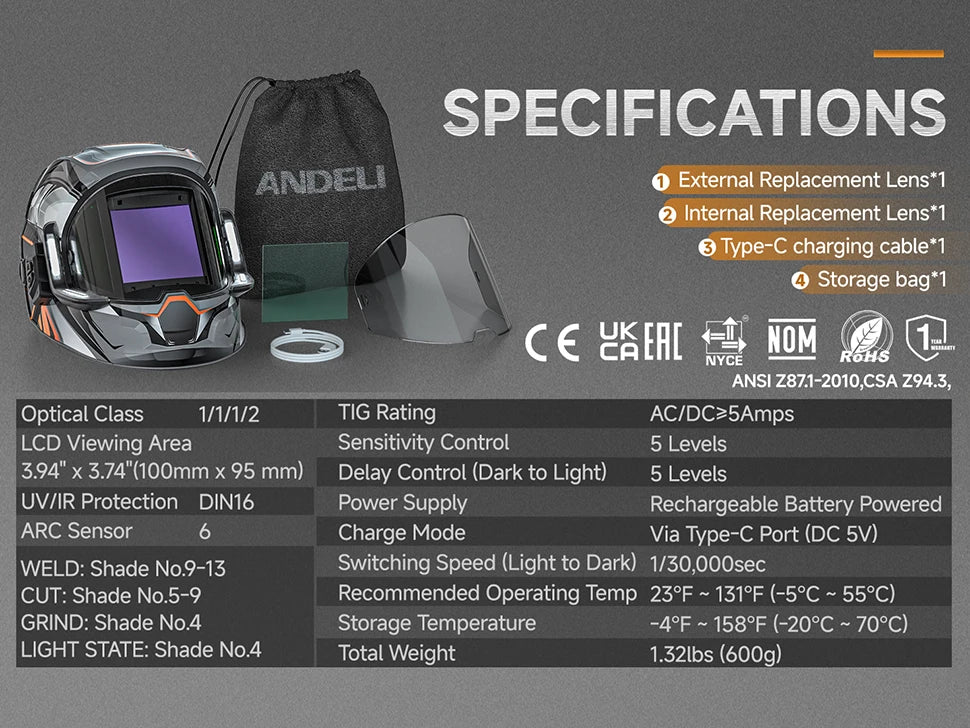 ANDELI Auto-Darkening Welding Helmet | 6 Arc Sensors | 1/1/1/2 Optic | Large View | CE Certified