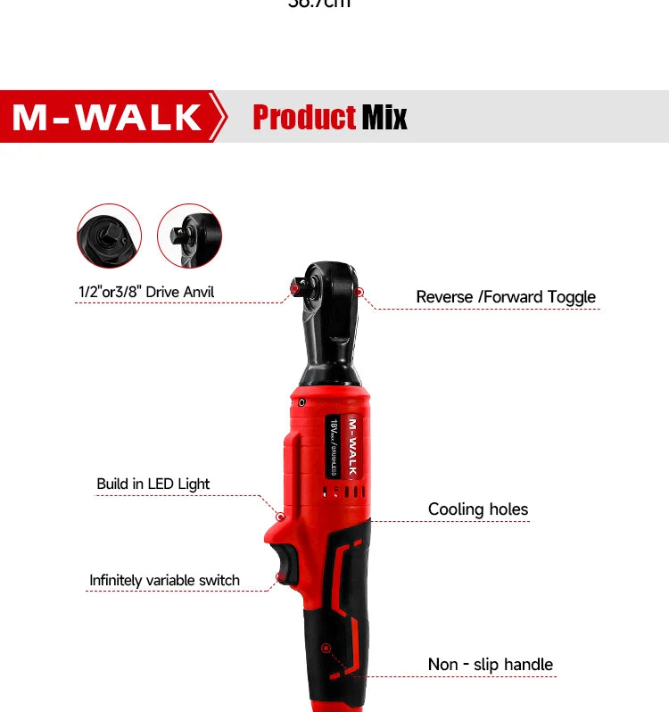 M-WALK 18V Cordless Brushless Ratchet Wrench – Right Angle, 80Nm, 1/2" & 3/8" Drive