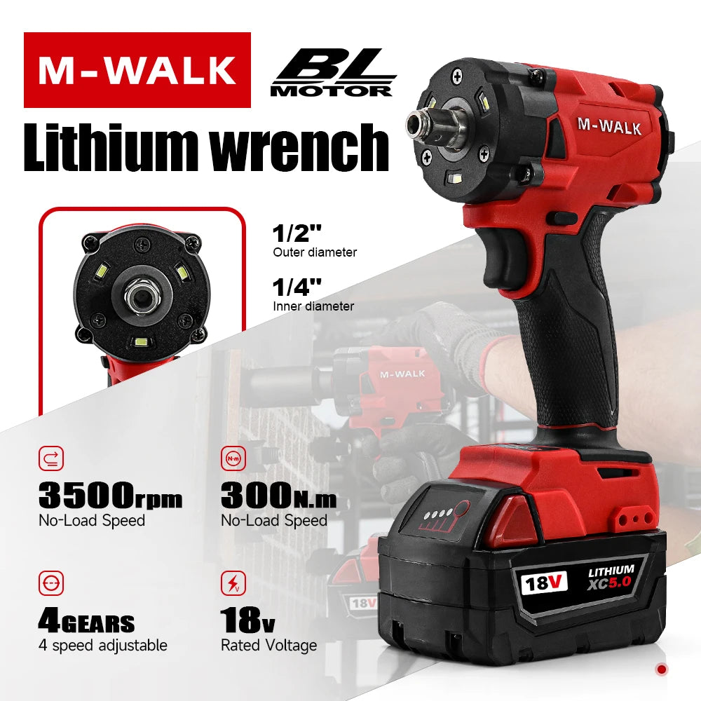 M-WALK 18V Brushless Cordless Impact Wrench – 300Nm, 1/2" Drive, 4-Speed, Milwaukee M18 Compatible (Tool Only)