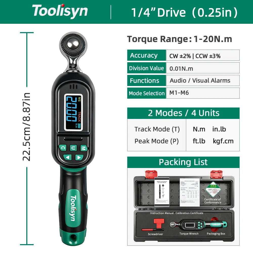 Toolisyn Digital Torque Wrench – 1/4", 3/8" & 1/2" Drive, ±2% Accuracy, 0.3–500N.m (DTW-1)