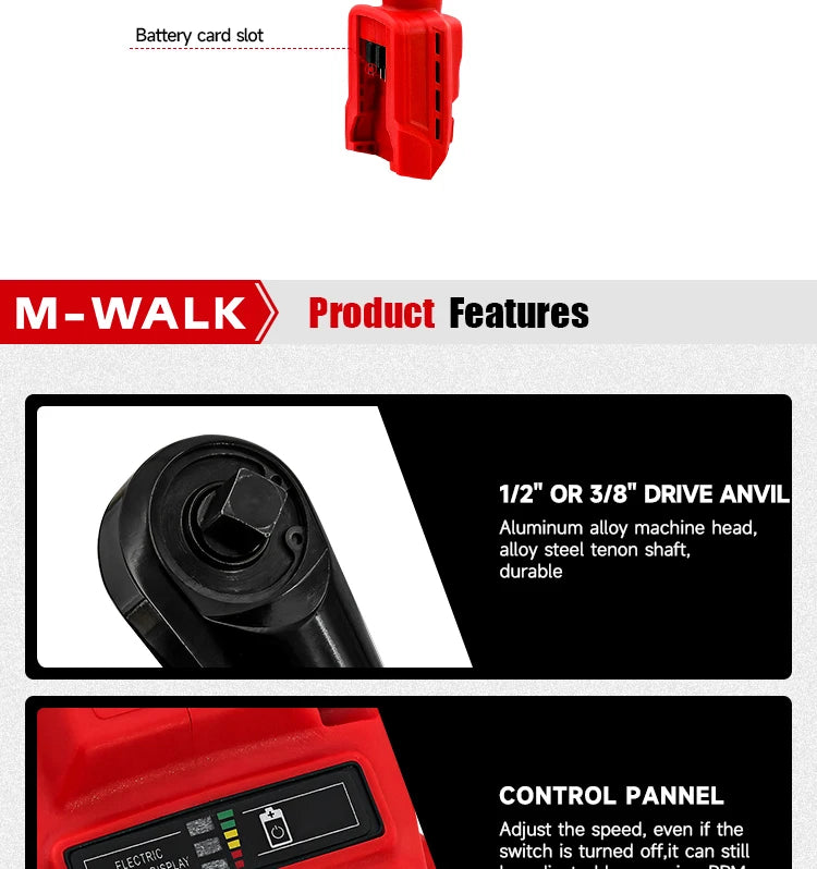 M-WALK 18V Cordless Brushless Ratchet Wrench – Right Angle, 80Nm, 1/2" & 3/8" Drive
