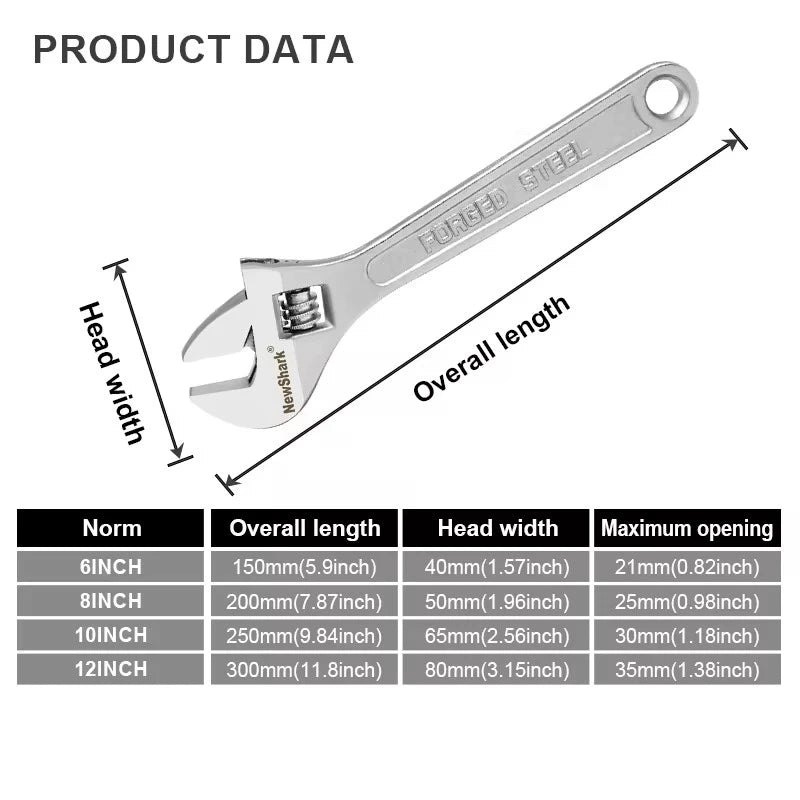 Adjustable Wrench | CR-V Steel | Long Handle Universal Spanner | 6"-12" Sizes