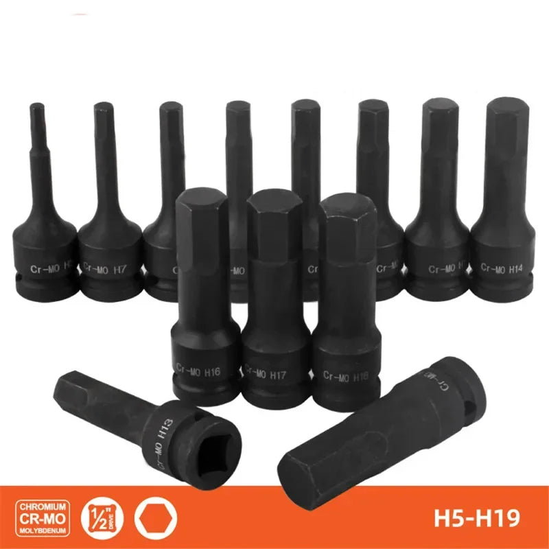 1/2" Drive Hex Impact Bit Socket Set | Cr-Mo Steel | 8pc (H5-H19) or 10pc (H5-H19) | Pneumatic & Battery Tools