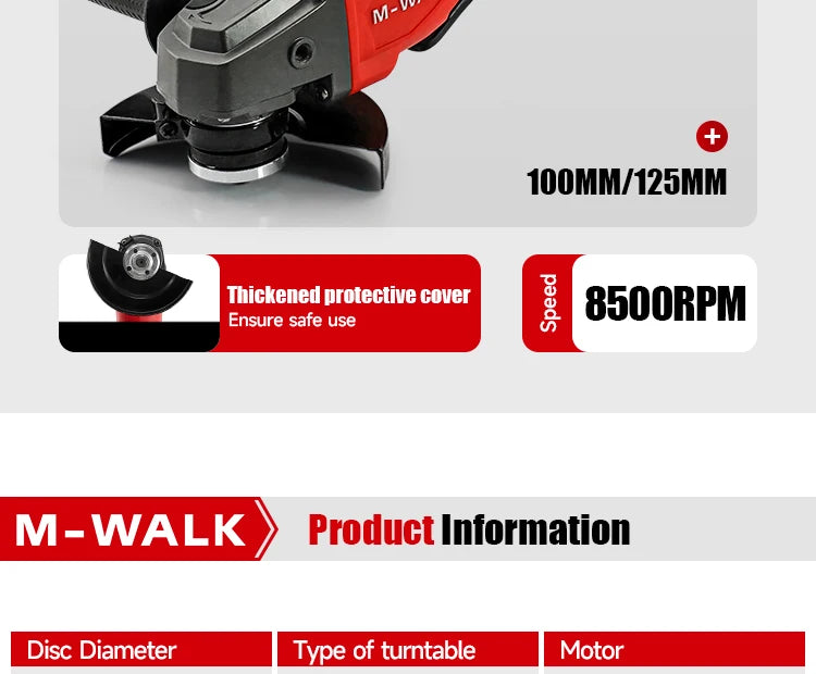 M-WALK 18V Brushless Angle Grinder – 8500RPM, 100mm or 125mm, Milwaukee M18 Compatible (Tool Only)