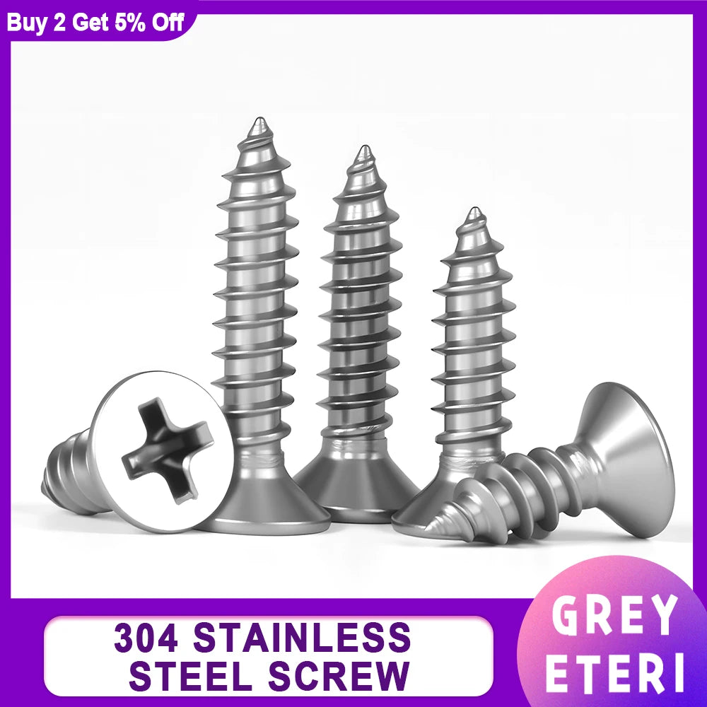 304 Stainless Steel Phillips Flat Head Self-Tapping Screws | M1.2–M8 | Multiple Lengths | Wood & Furniture