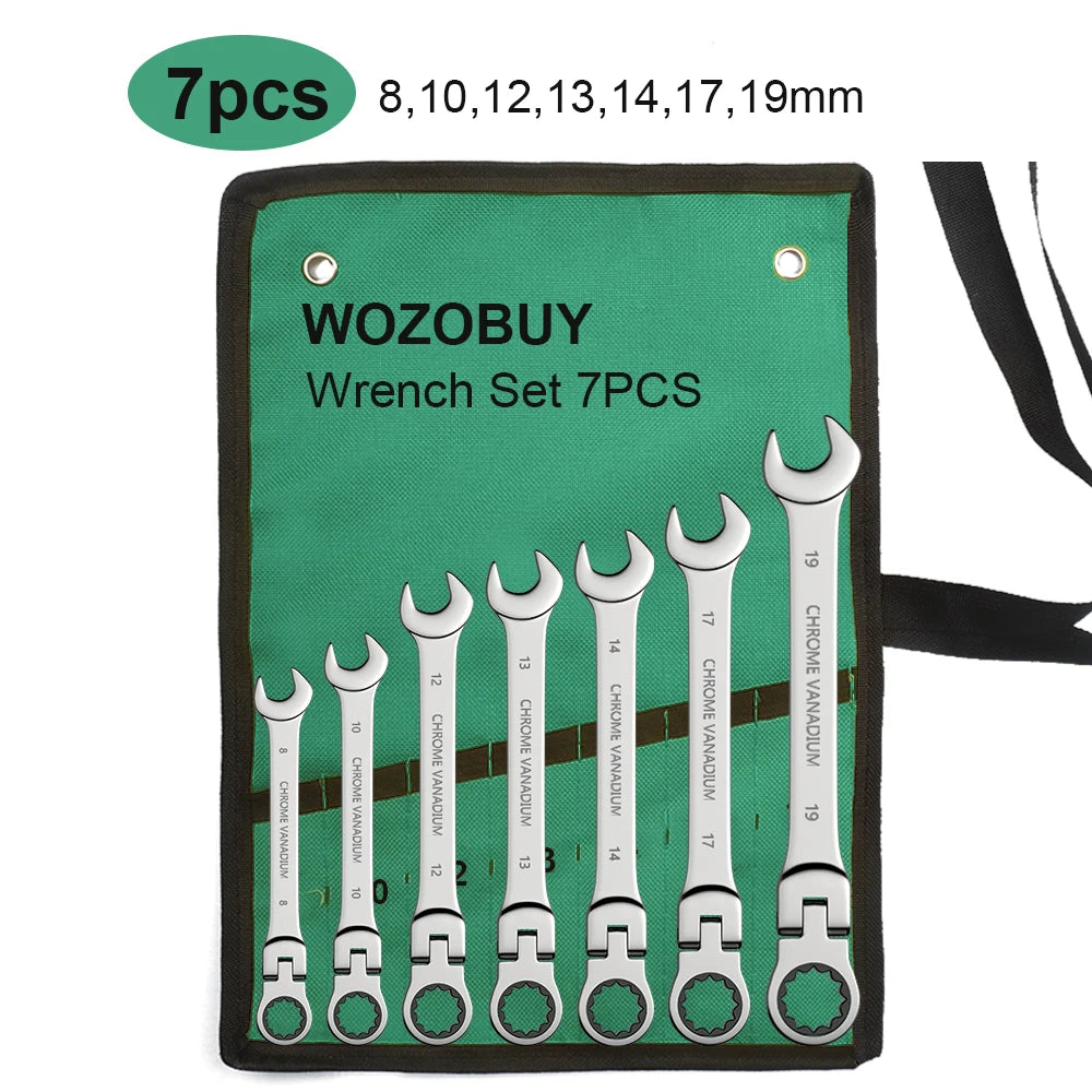 WOZOBUY Flex-Head Ratchet Wrench Set – 6-22mm Chrome Vanadium 72-Tooth with Canvas Bag