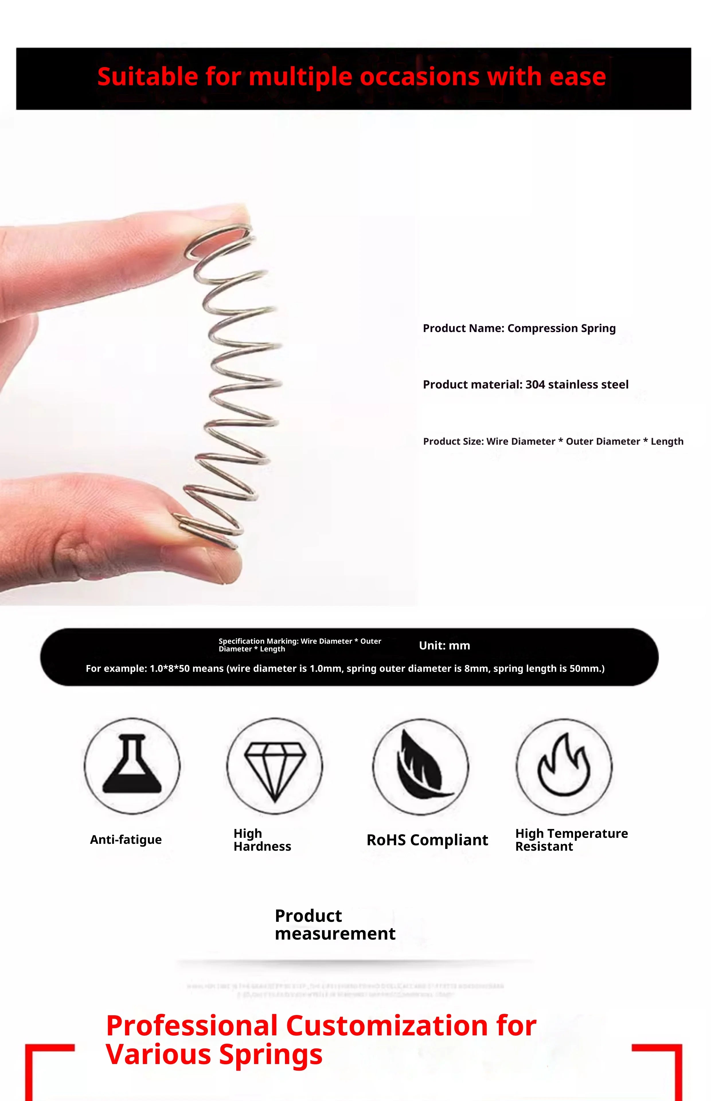 304 Stainless Steel Compression Spring Assortment Kit – 200pcs / 40 Sizes