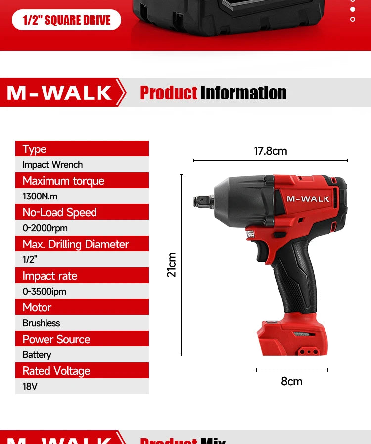 M-WALK 18V Brushless Cordless Impact Wrench – 1300Nm, 1/2" Drive, Milwaukee M18 Compatible (Tool Only)