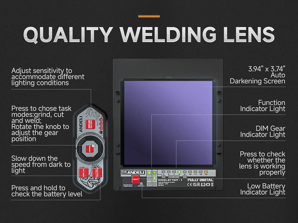 ANDELI Auto-Darkening Welding Helmet | 6 Arc Sensors | 1/1/1/2 Optic | Large View | CE Certified