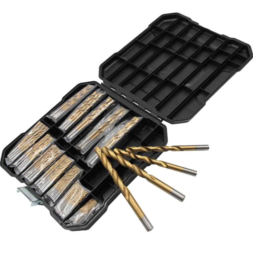 99pc Titanium Twist Drill Bit Set – Bearing Steel, 1.5–10mm (OPP Bag or Plastic Box)