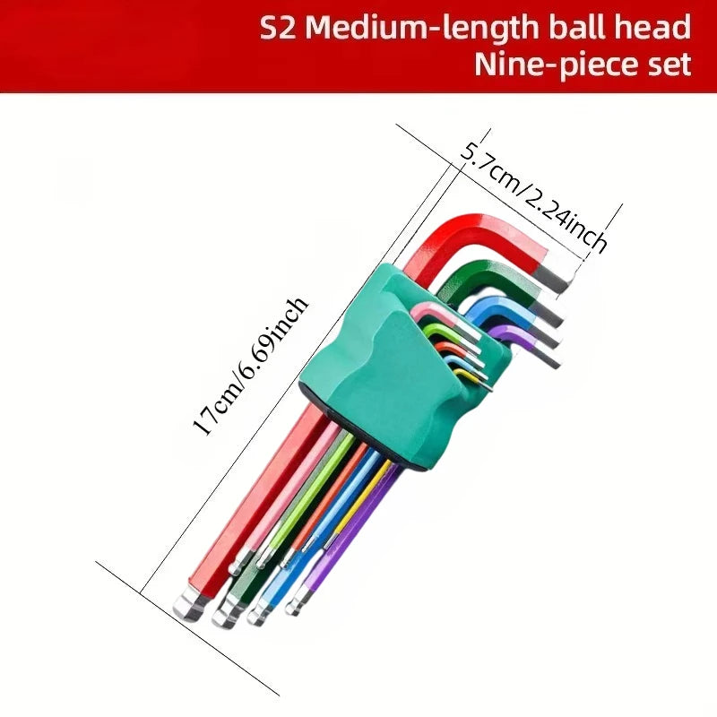 9pc Ball End Hex Key Allen Wrench Set | CR-V Steel | Colour Coded | Mid & Extended Length