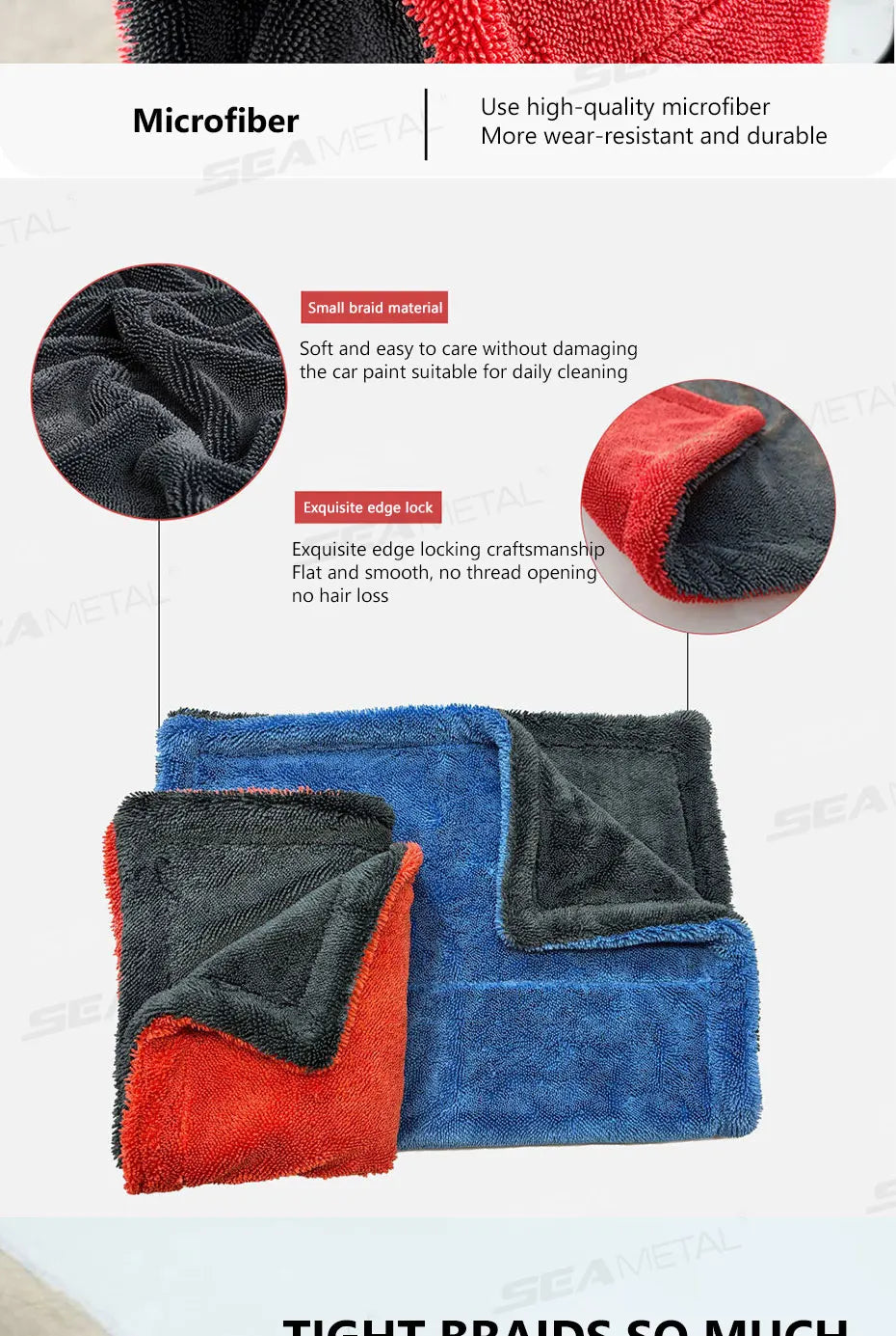 SEAMETAL 1200GSM Microfiber Car Detailing Towel | Ultra-Soft Scratch-Free | 3 Sizes | Gray, Red & Blue