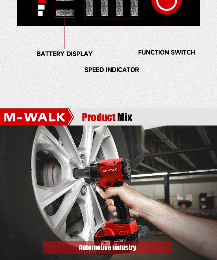M-WALK 18V Brushless Cordless Impact Wrench – 300Nm, 1/2" Drive, 4-Speed, Milwaukee M18 Compatible (Tool Only)