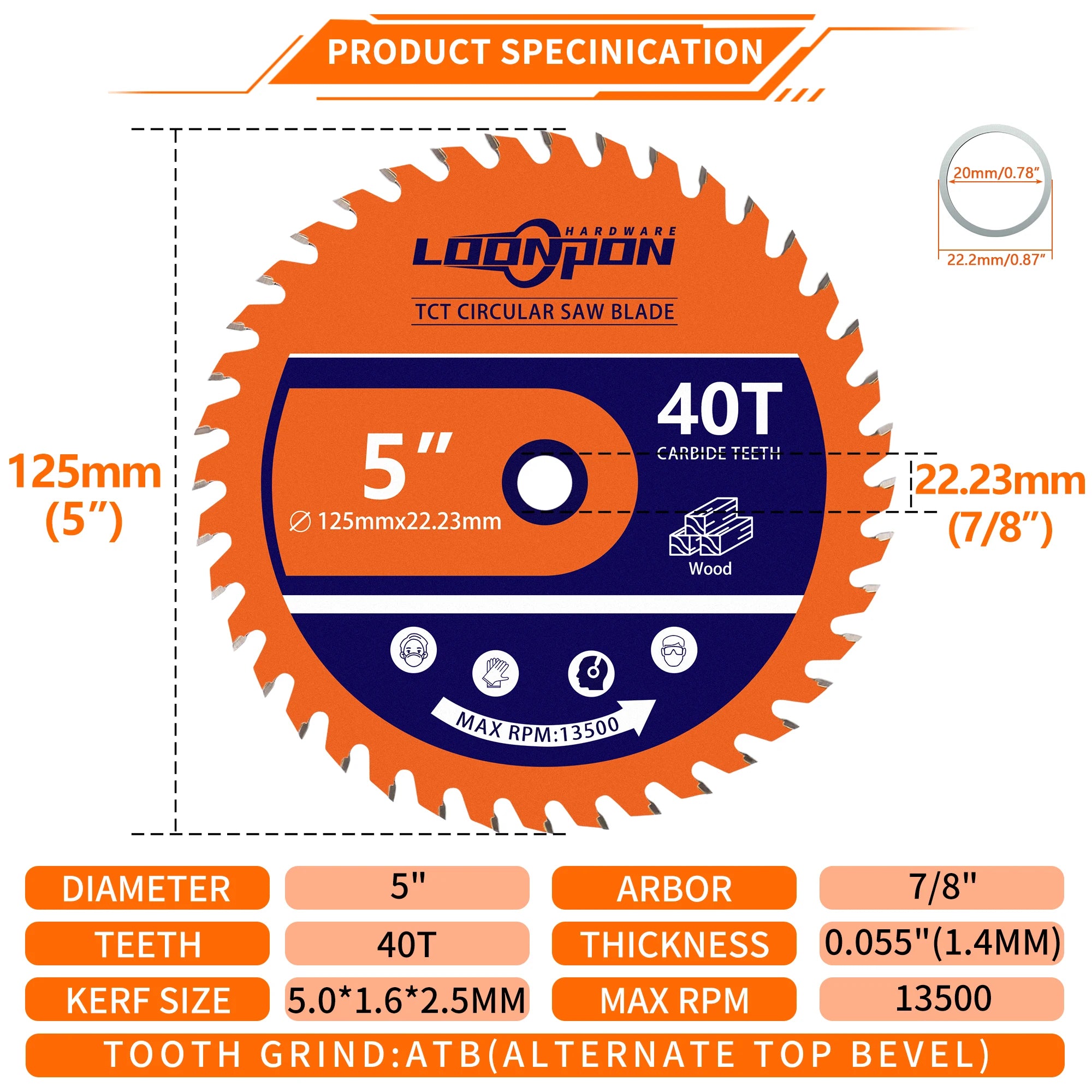 LOONPON TCT Circular Saw Blade – 125/165/216/254mm 40/60/80T Wood Cutting