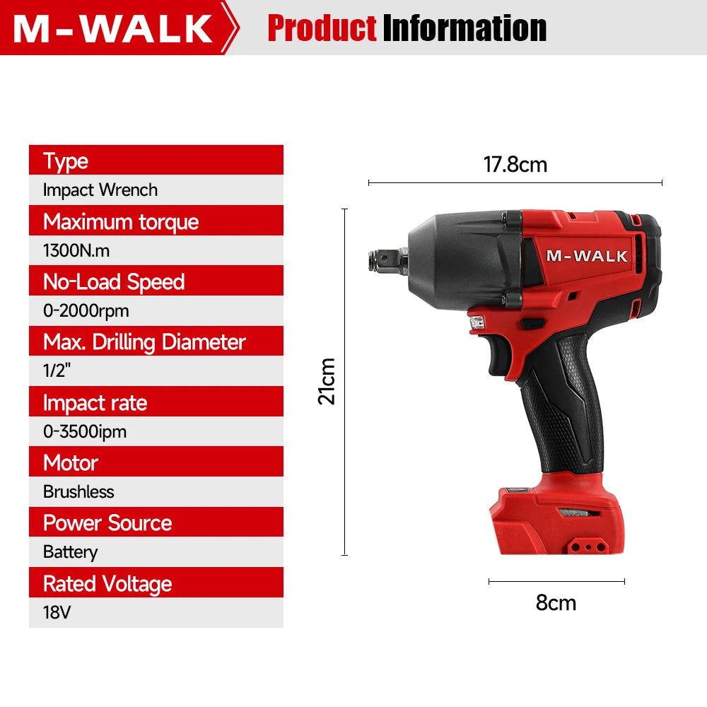 M-WALK 18V Brushless Cordless Impact Wrench – 1300Nm, 1/2" Drive, Milwaukee M18 Compatible (Tool Only)
