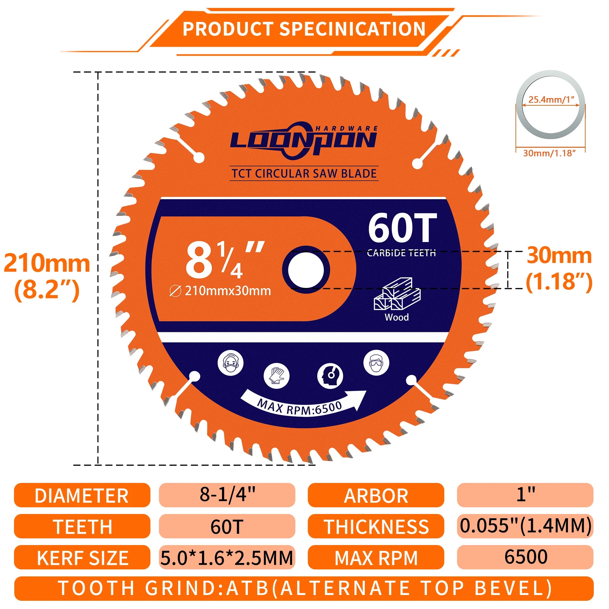 LOONPON TCT Circular Saw Blade – 125/165/216/254mm 40/60/80T Wood Cutting