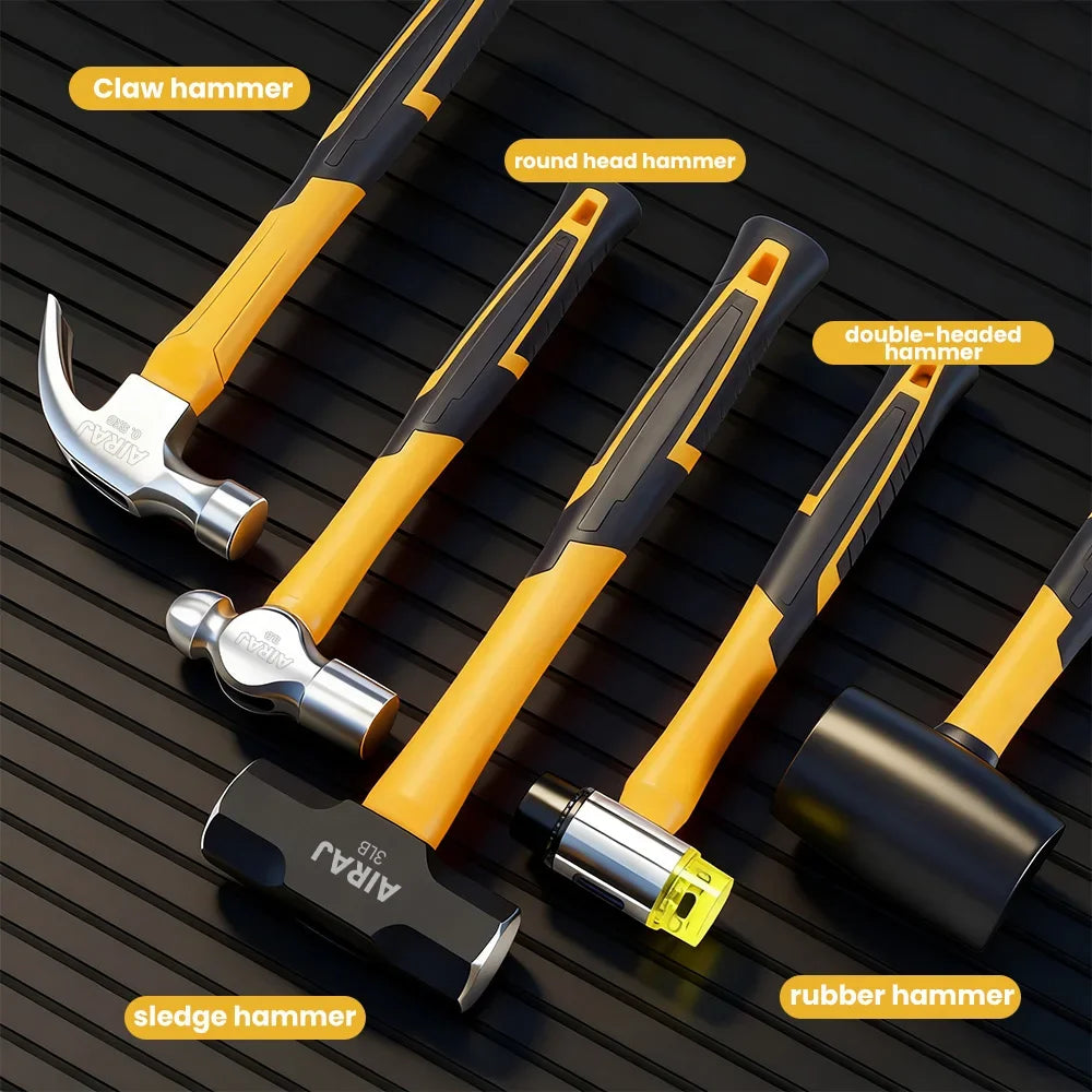 AIRAJ Multifunctional Hammer Set – Shock Reduction Grip | Octagonal, Claw, Rubber Mallet