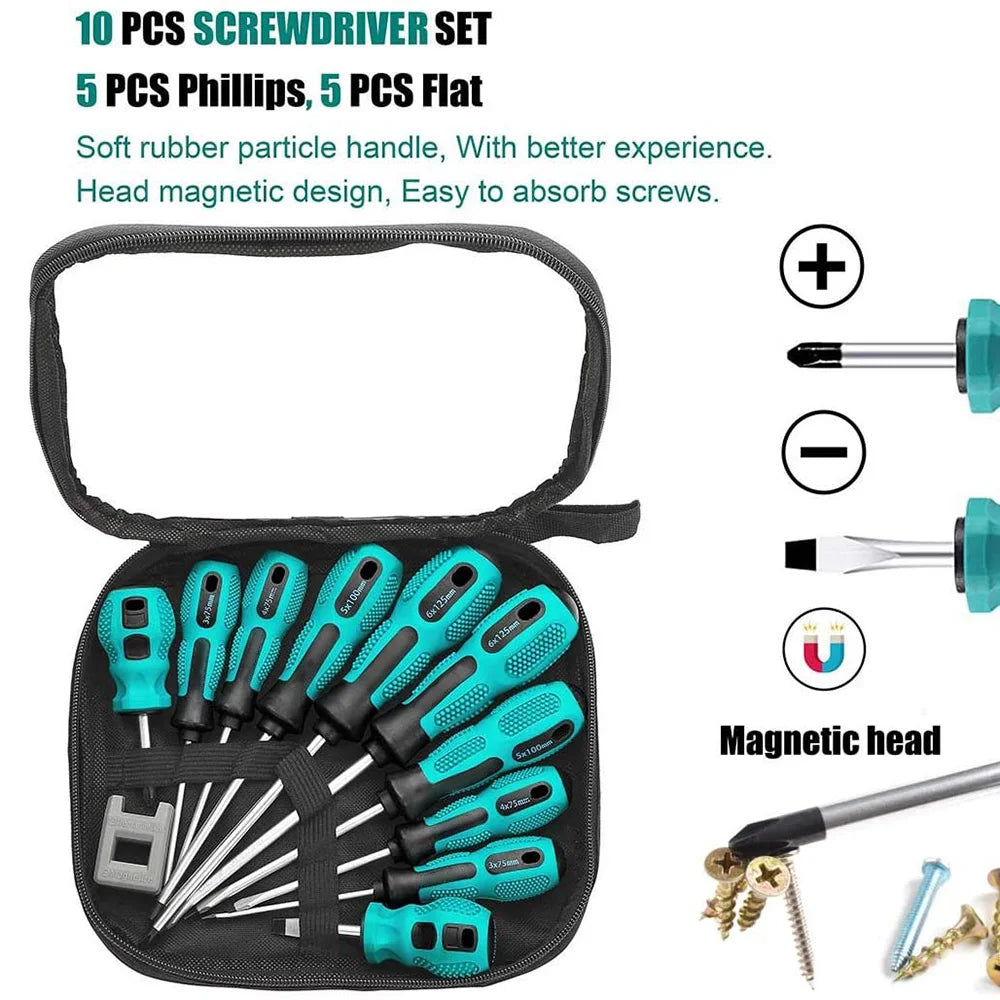 10pc Magnetic Screwdriver Set – Chrome Vanadium Phillips & Flat Head with Non-Slip Handle