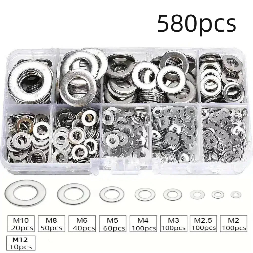 304 Stainless Steel Flat Washers Assortment Kit – 360pc or 580pc, Corrosion Resistant