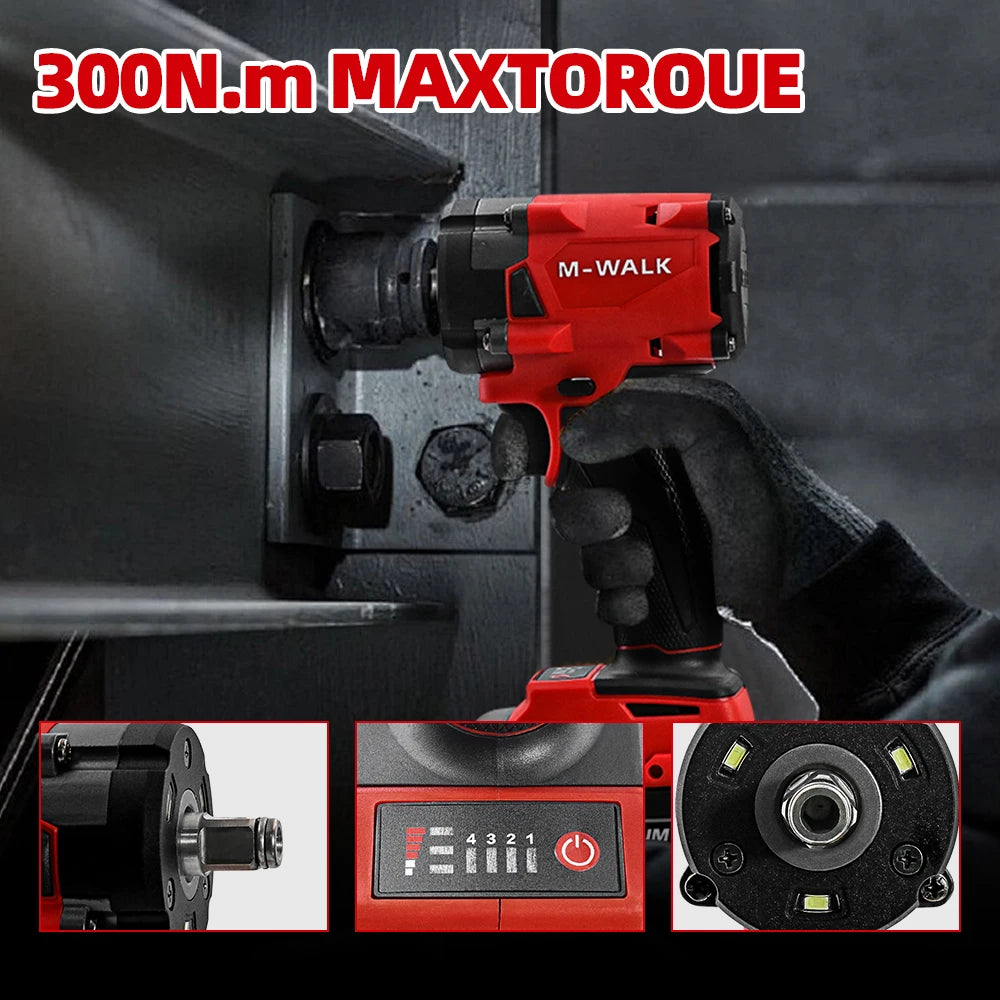 M-WALK 18V Brushless Cordless Impact Wrench – 300Nm, 1/2" Drive, 4-Speed, Milwaukee M18 Compatible (Tool Only)