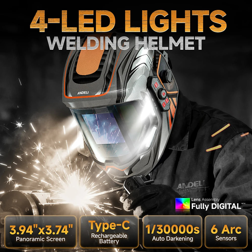 ANDELI Auto-Darkening Welding Helmet | 6 Arc Sensors | 1/1/1/2 Optic | Large View | CE Certified
