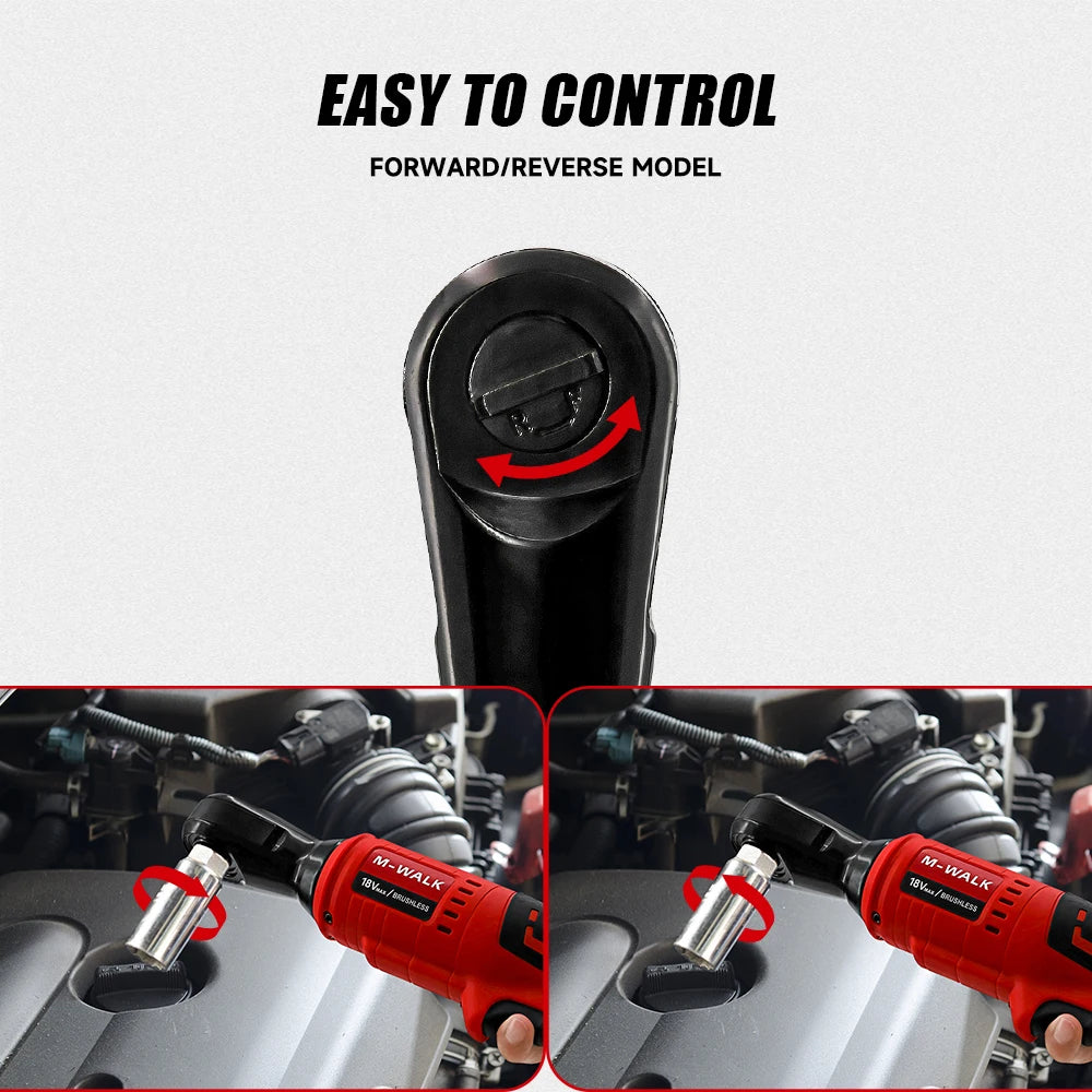 M-WALK 18V Cordless Brushless Ratchet Wrench – Right Angle, 80Nm, 1/2" & 3/8" Drive