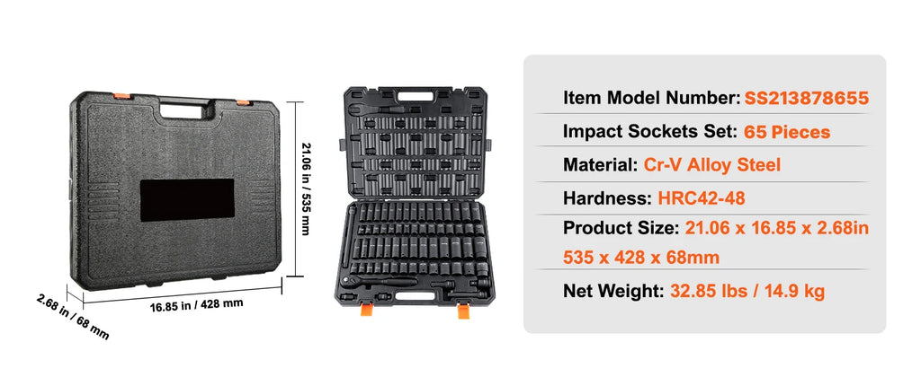 SucceBuy 65-Piece 1/2" Drive Impact Socket Set | Cr-V Steel | HRC 42-48 | Metric & Imperial