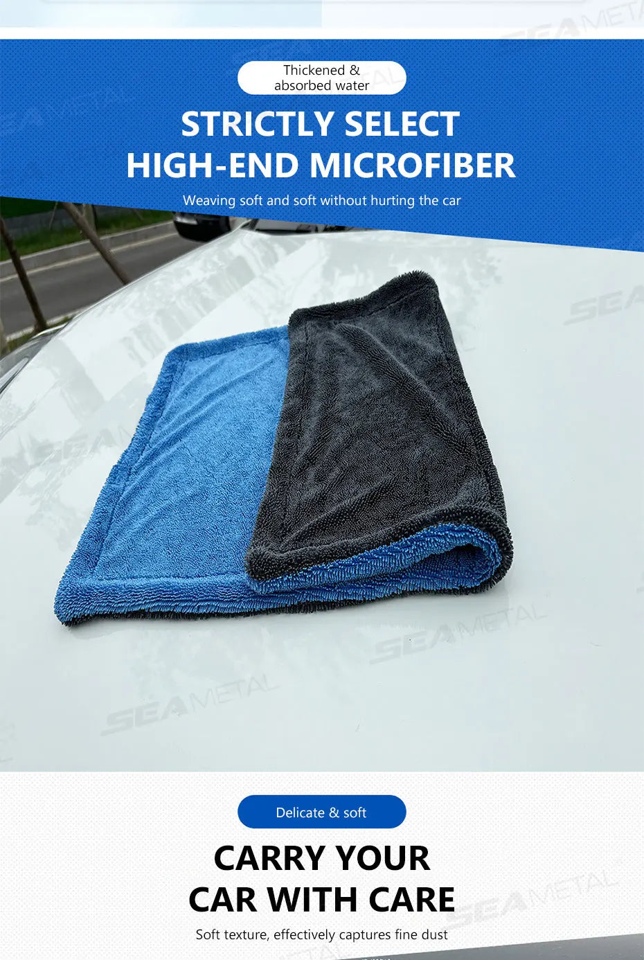 SEAMETAL 1200GSM Microfiber Car Detailing Towel | Ultra-Soft Scratch-Free | 3 Sizes | Gray, Red & Blue