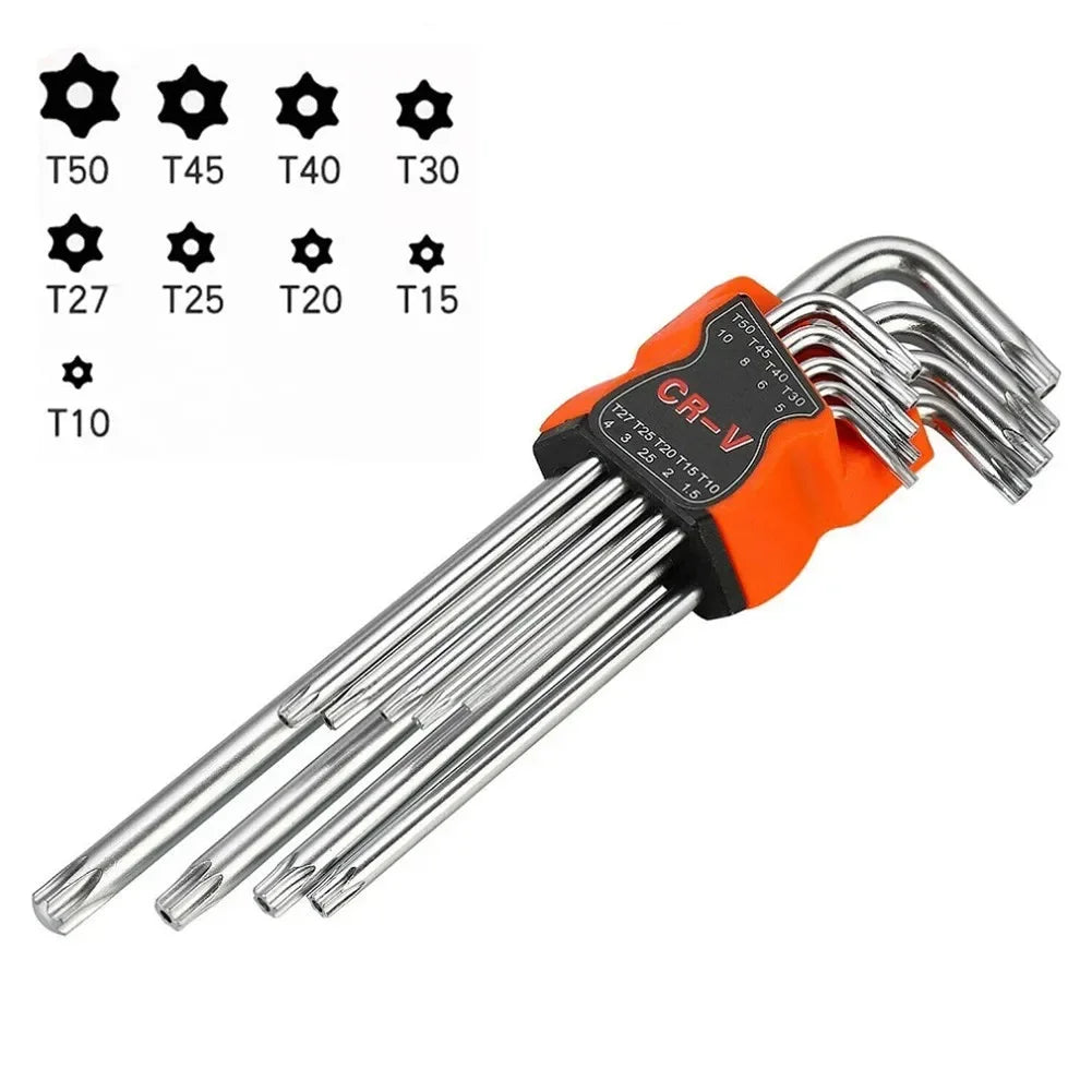 OLOEY 9pc L-Shape Torx Key Set – T10-T50 Chrome Vanadium Double-End Star Wrench