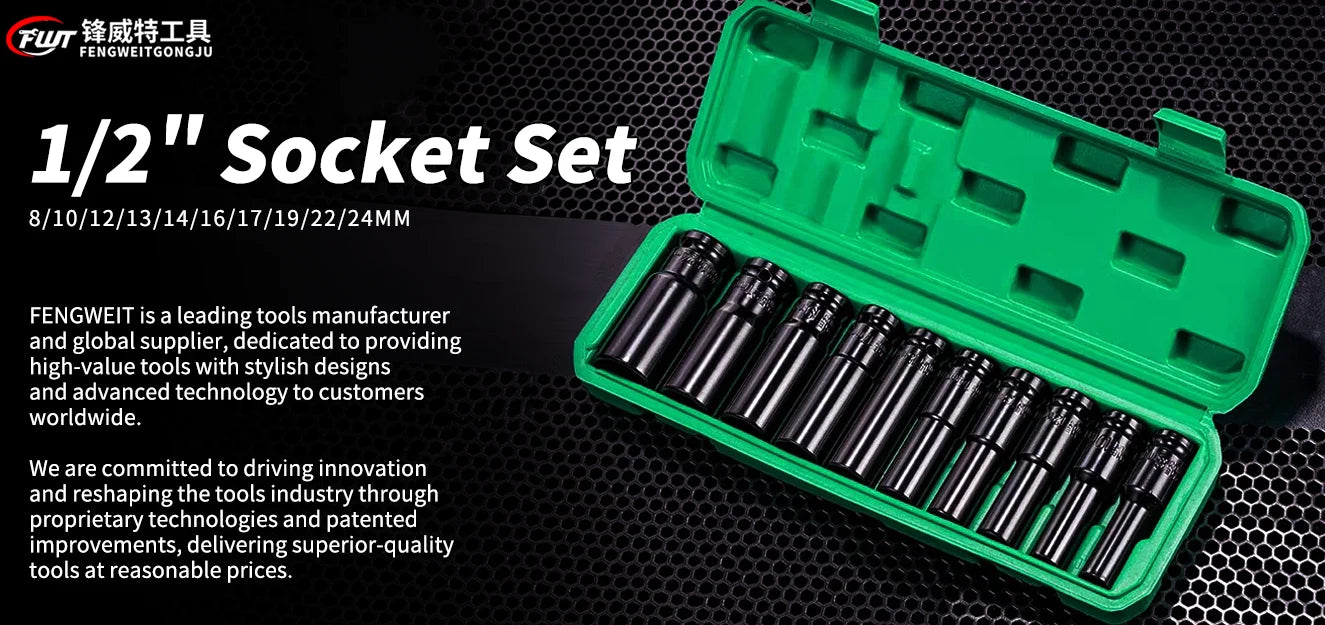 10pc 1/2" Drive Deep Impact Socket Set – CR-V Steel 8-24mm Metric with Storage Case