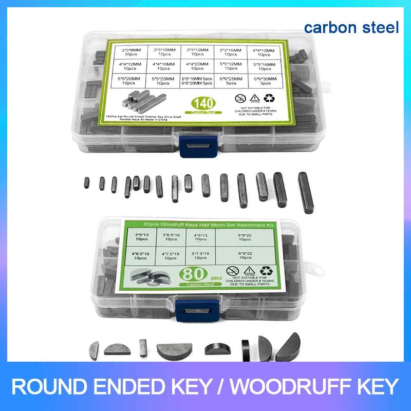 Carbon Steel Parallel Key & Woodruff Key Assortment Kit | M3–M6 | 80pc or 140pc