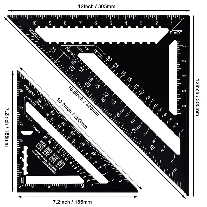 Triangle Ruler Set – 7" & 12" Alloy Metal Carpenter Square for Woodworking & Construction