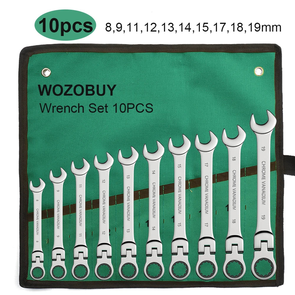 WOZOBUY Flex-Head Ratchet Wrench Set – 6-22mm Chrome Vanadium 72-Tooth with Canvas Bag