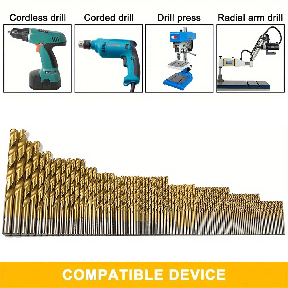 99pc Titanium Twist Drill Bit Set – Bearing Steel, 1.5–10mm (OPP Bag or Plastic Box)
