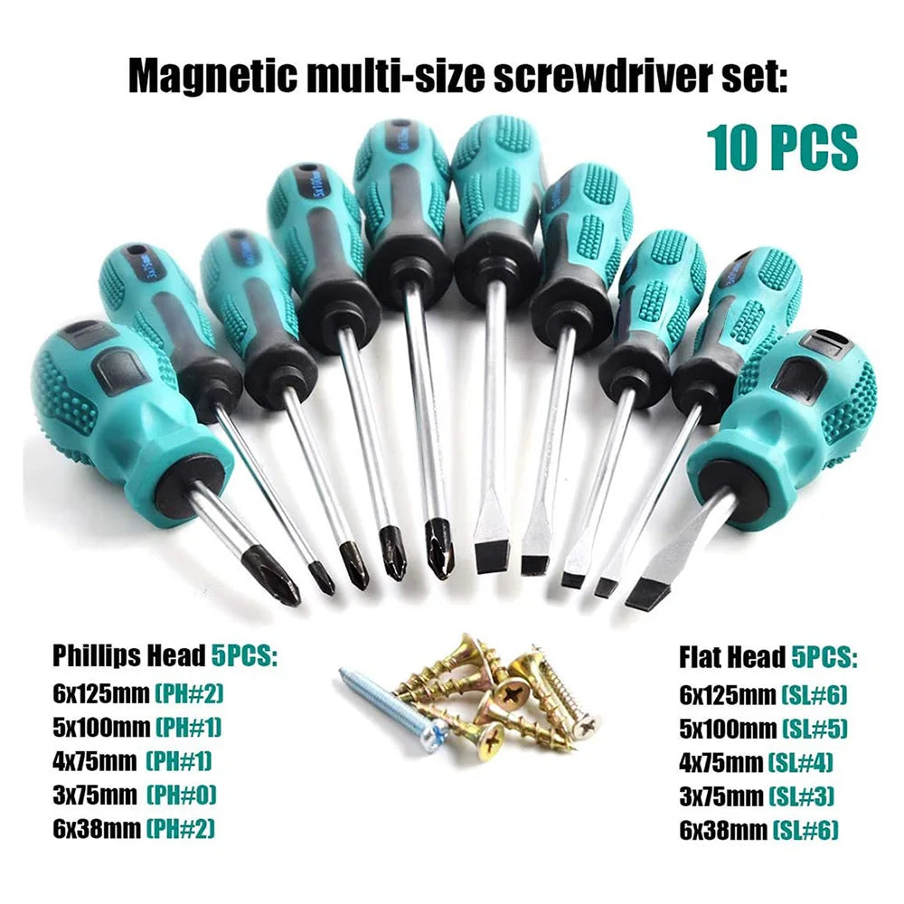 10pc Magnetic Screwdriver Set – Chrome Vanadium Phillips & Flat Head with Non-Slip Handle
