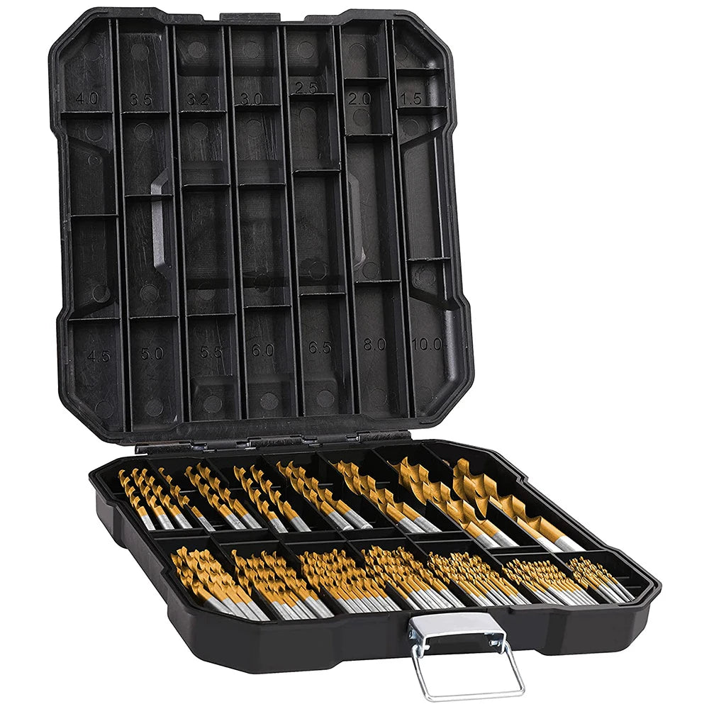 99pc Titanium Twist Drill Bit Set – Bearing Steel, 1.5–10mm (OPP Bag or Plastic Box)