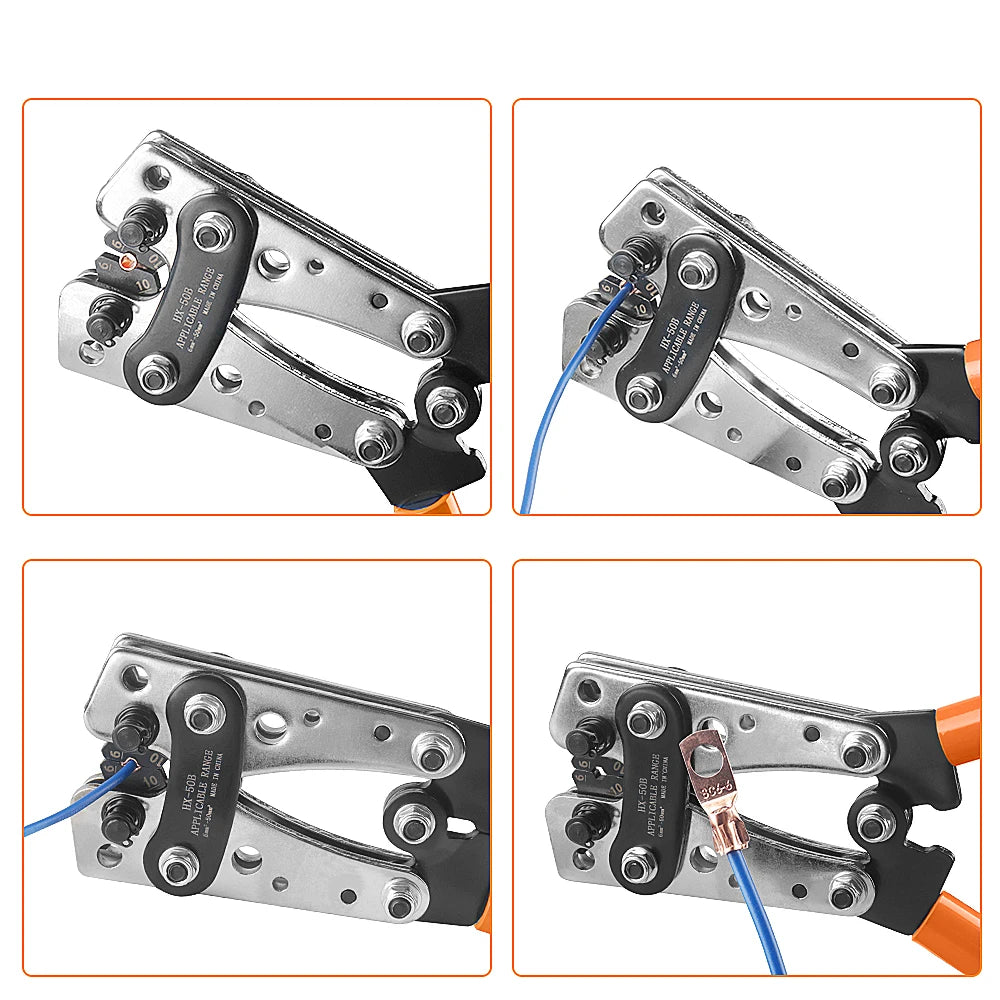HX-50B Ratchet Crimping Pliers 6–50mm² (AWG 10–1/0) with Rotating Dies & Wire Cutter