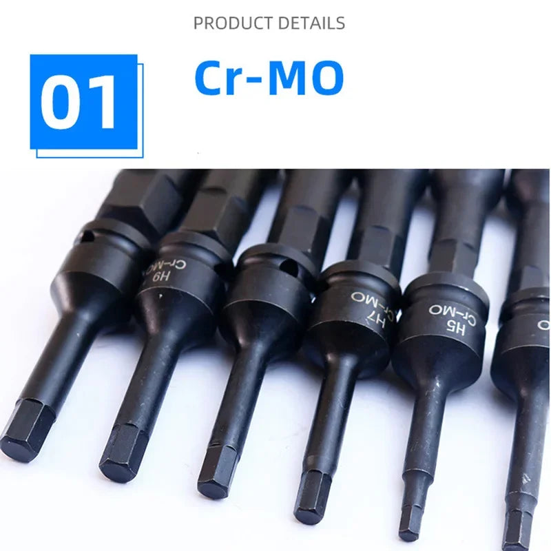1/2" Drive Hex Impact Bit Socket Set | Cr-Mo Steel | 8pc (H5-H19) or 10pc (H5-H19) | Pneumatic & Battery Tools