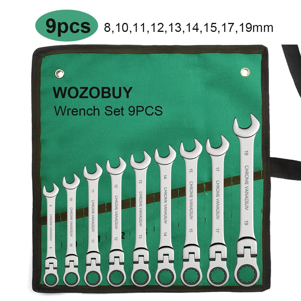 WOZOBUY Flex-Head Ratchet Wrench Set – 6-22mm Chrome Vanadium 72-Tooth with Canvas Bag